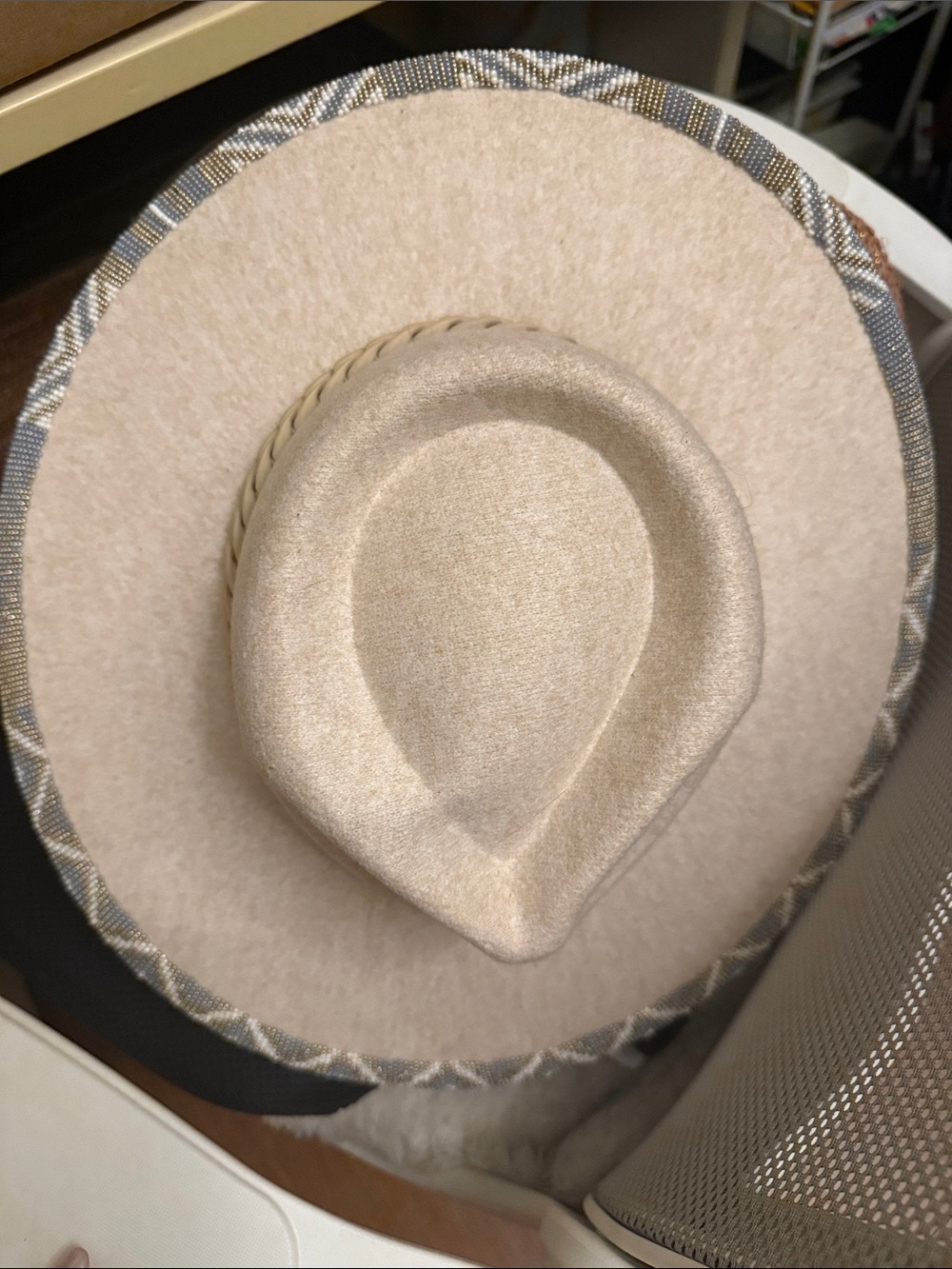 Neutral Beige Felt Western Hat with Braided Trim
